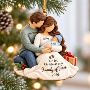 Personalized Family of Three Christmas Ornament 2026 – Baby's First Christmas Keepsake
