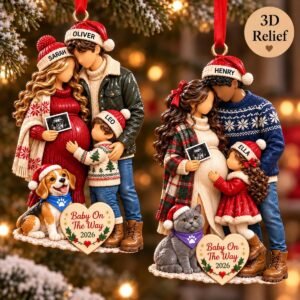 Personalized Baby on the Way Christmas Ornament, Custom Pregnancy Keepsake with Sibling & Pet